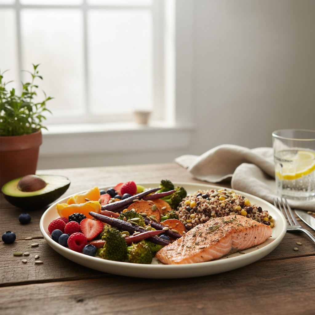 Healthy plate with vegetables, fruits, whole grains, and fish