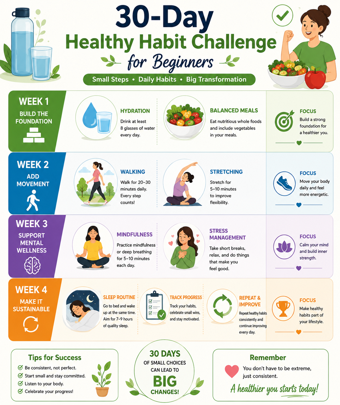 30-day healthy habit challenge for beginners covering hydration, nutrition, exercise, mindfulness, stress management, sleep, and progress tracking.