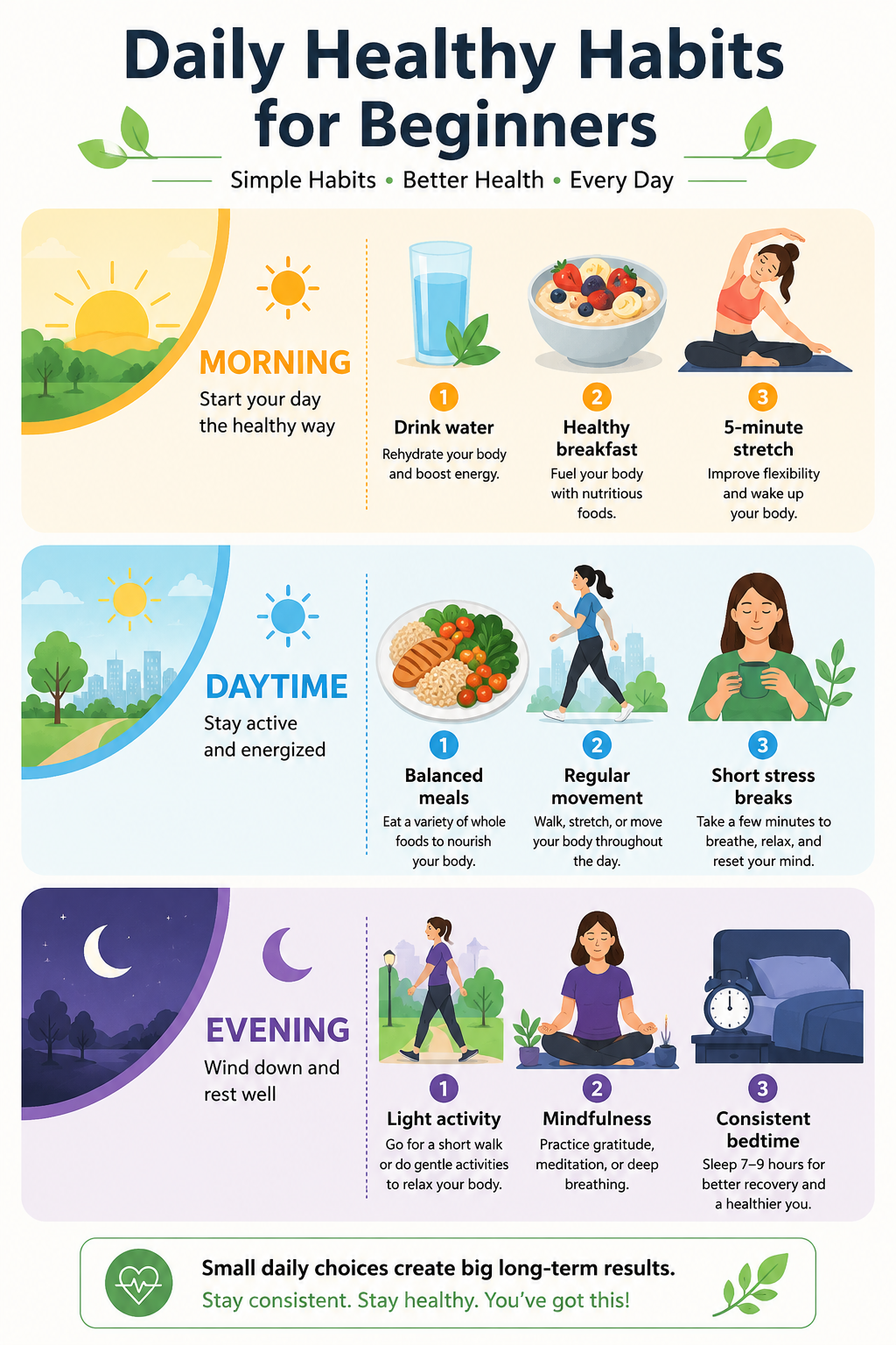 Daily healthy habits routine for beginners including hydration, healthy eating, movement, mindfulness, and sleep.