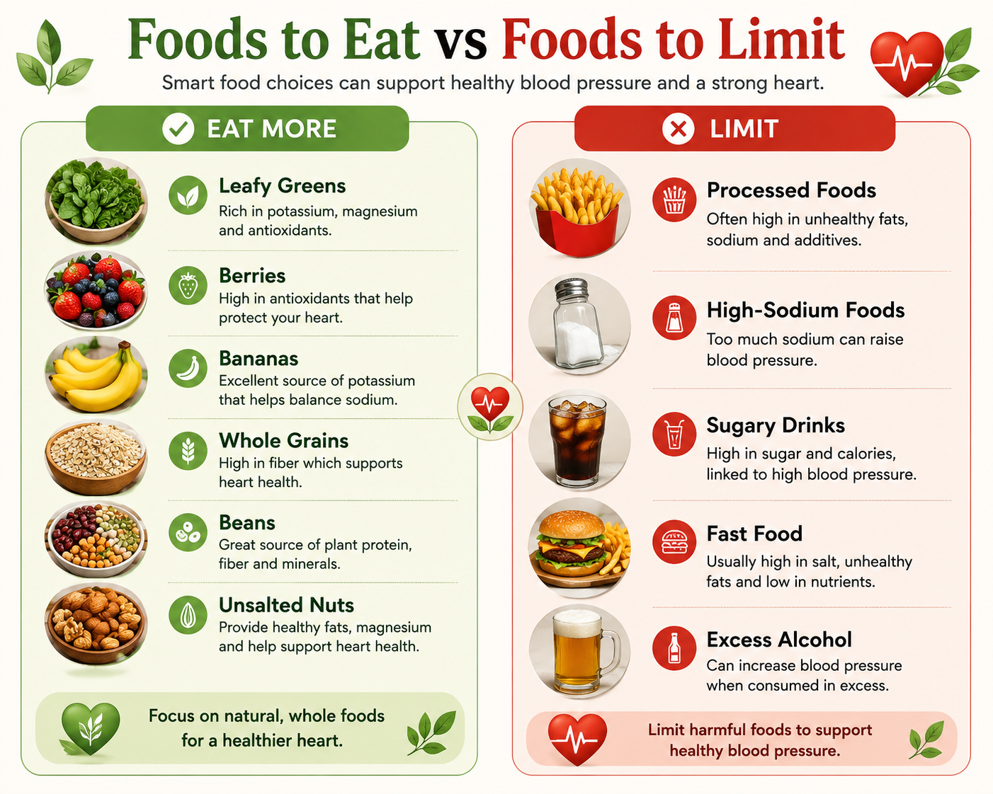 Comparison of heart-healthy foods to eat and foods to limit for healthy blood pressure.