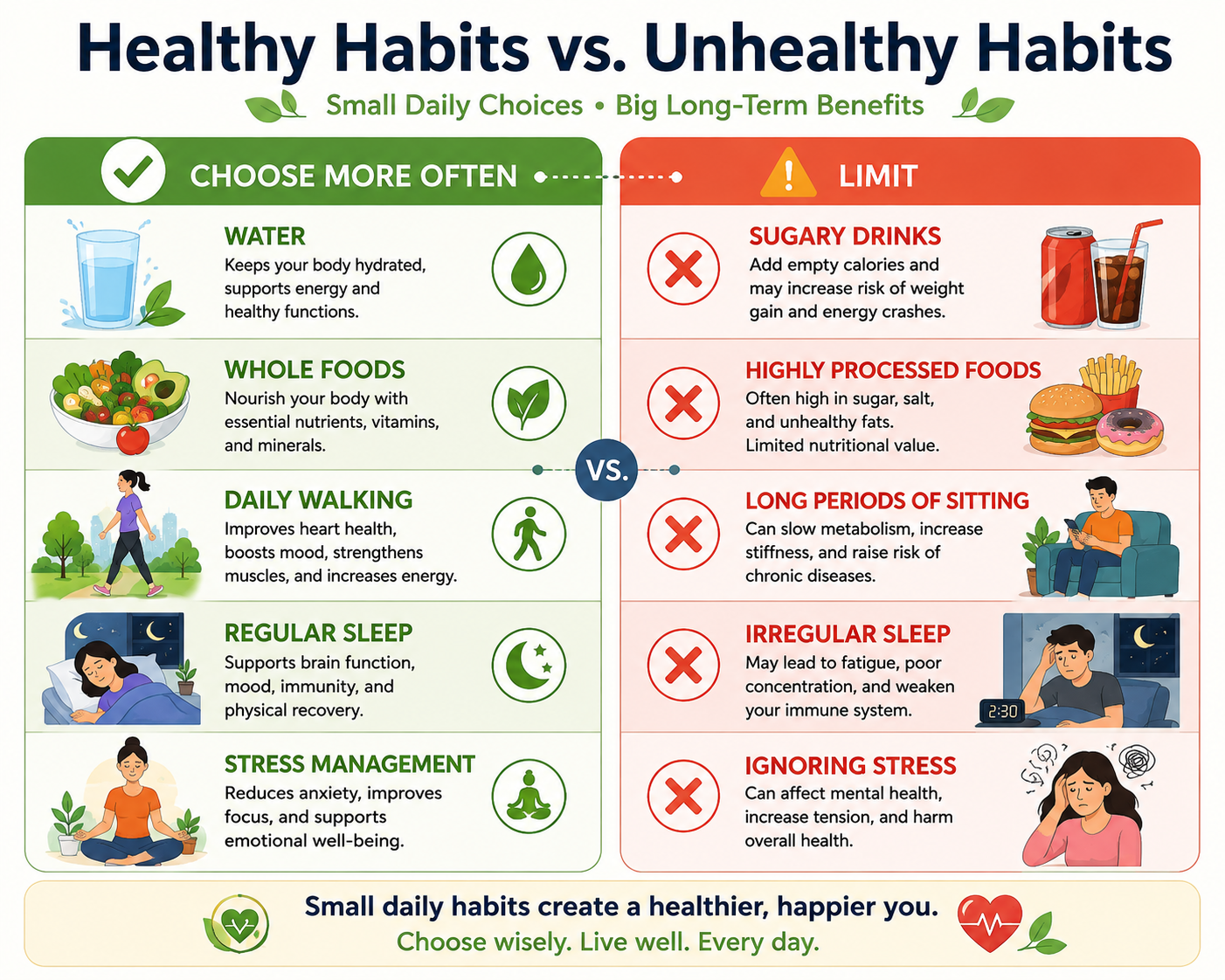 Comparison of healthy and unhealthy daily habits for beginners.