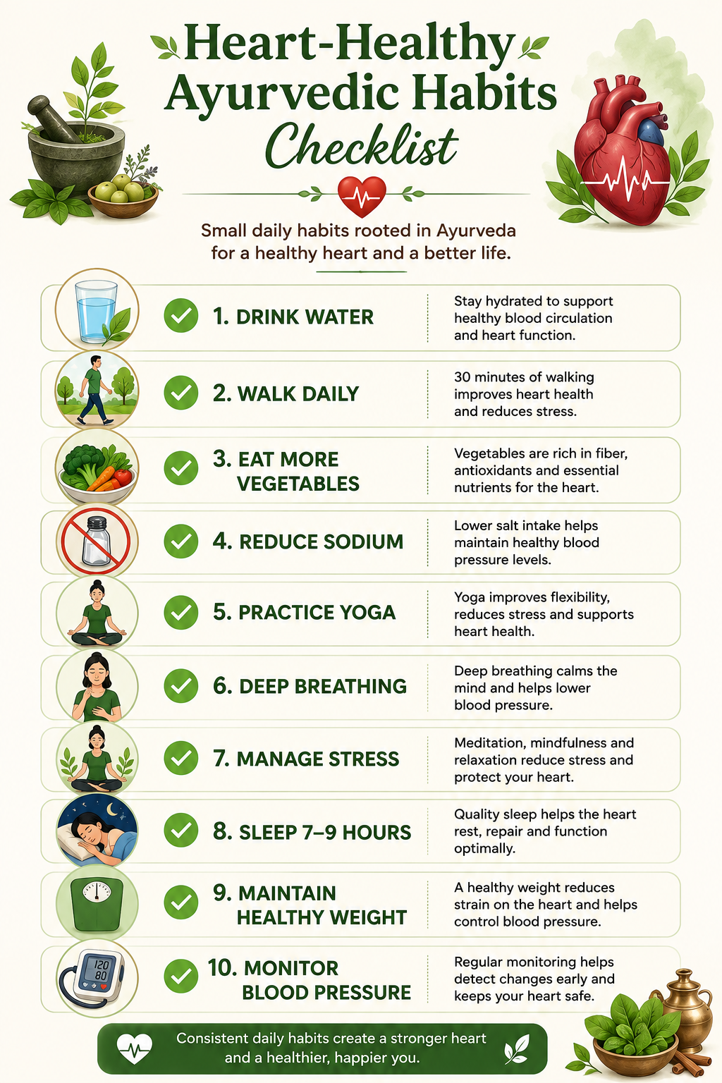 Checklist of daily Ayurvedic habits that support healthy blood pressure and heart health.
