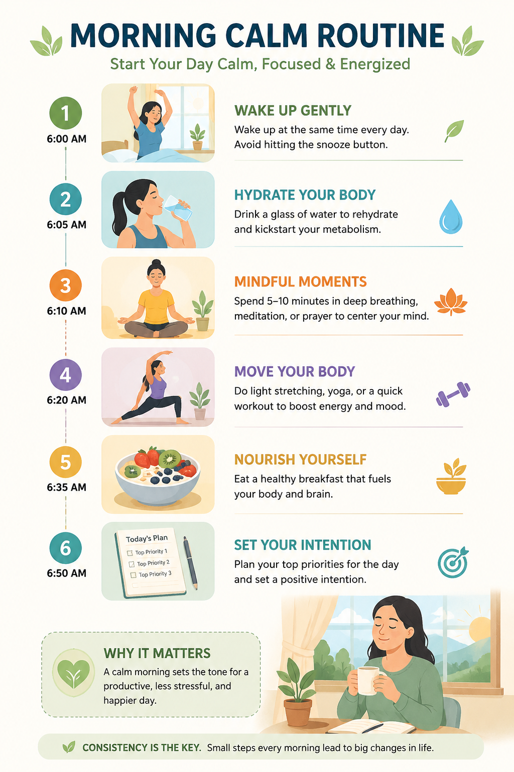 Morning Calm Routine infographic showing six healthy morning habits including drinking water, deep breathing, stretching, eating a healthy breakfast, and planning the day to help reduce stress naturally.