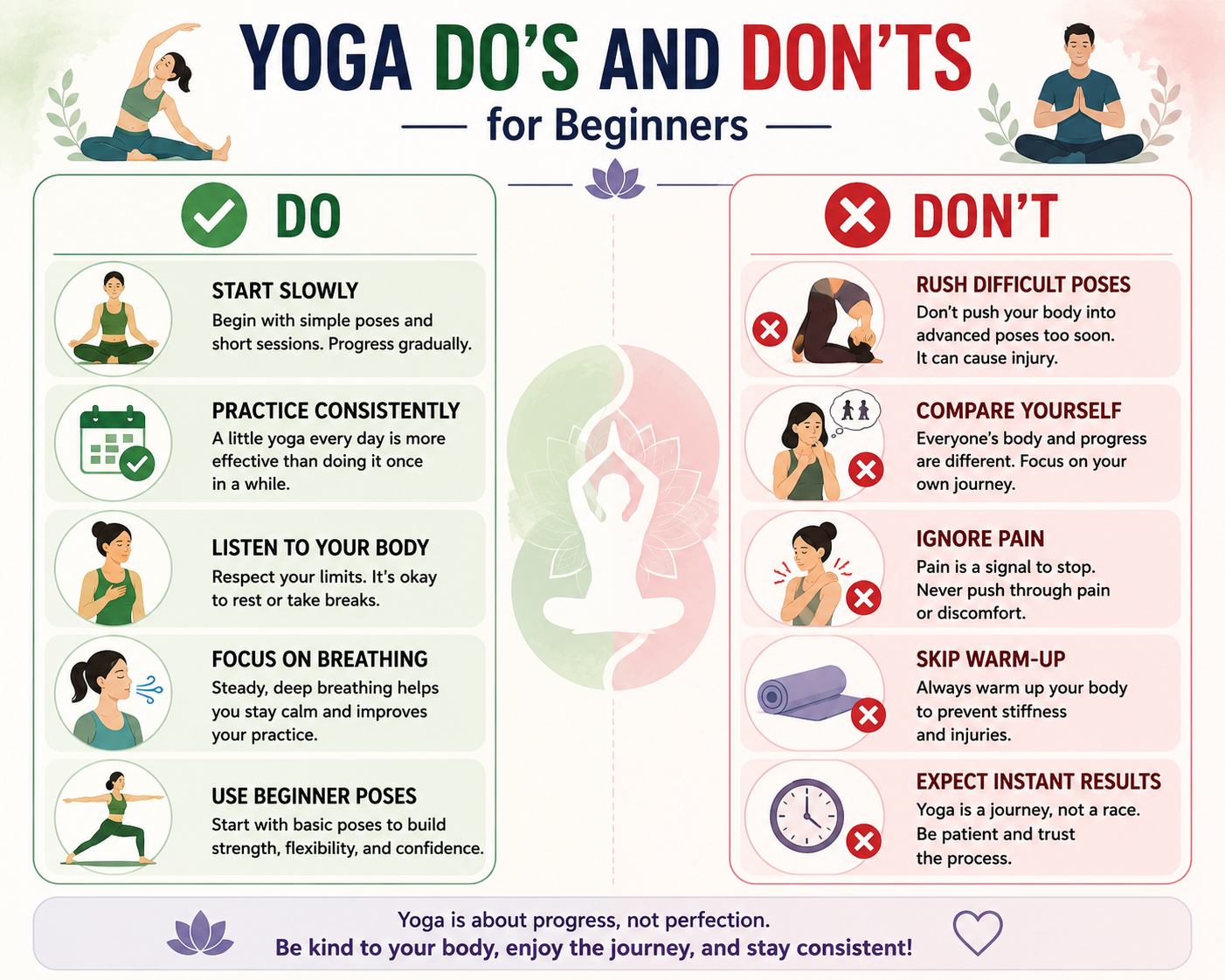 Yoga do's and don'ts infographic for beginners showing safe yoga habits, common mistakes to avoid, and tips for practicing yoga correctly.