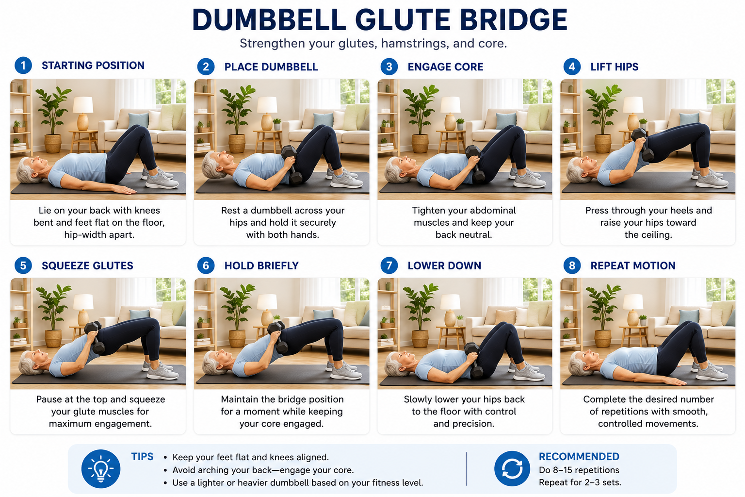 Older adult performing a dumbbell glute bridge