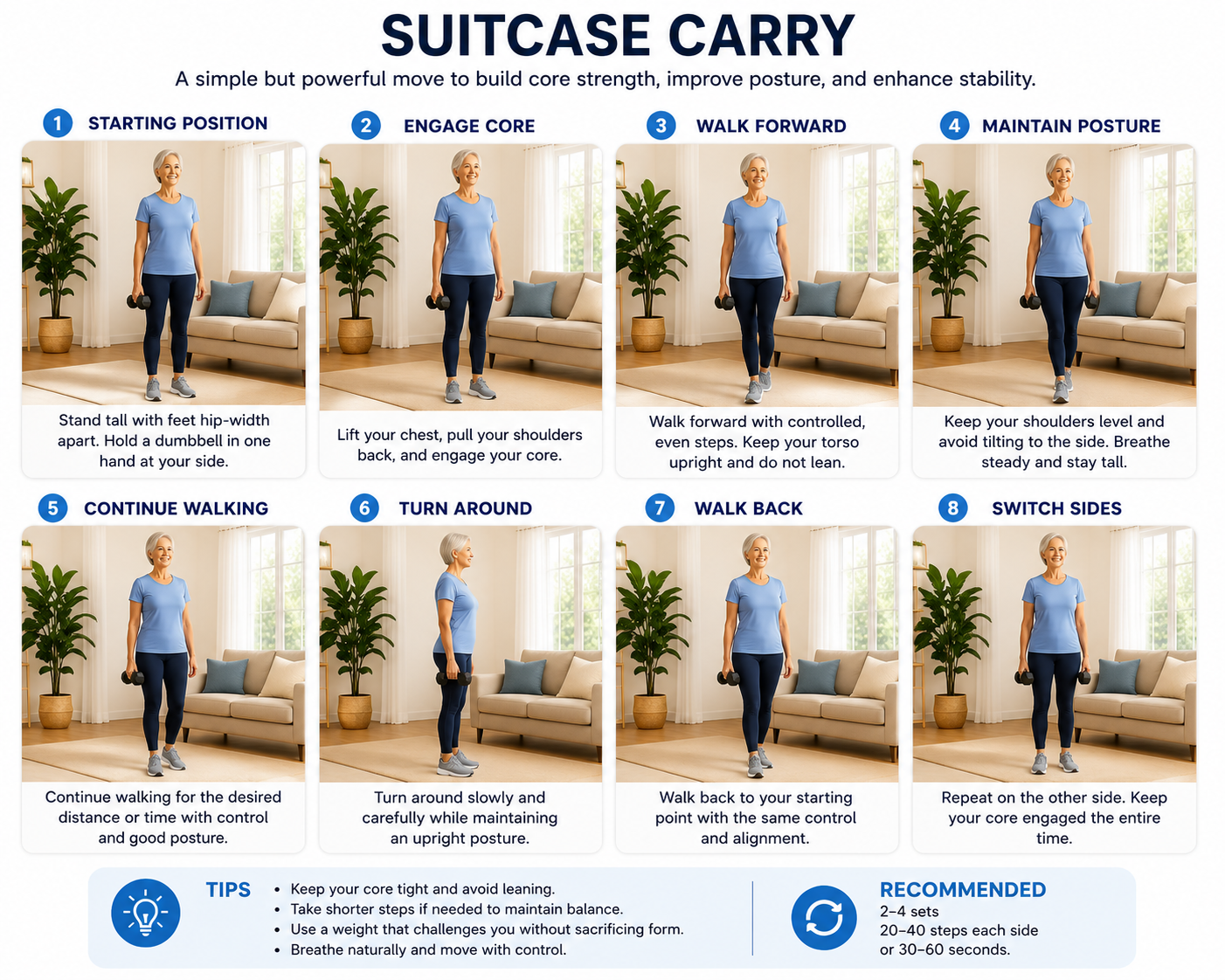 An older adult performing a Suitcase Carry exercise
