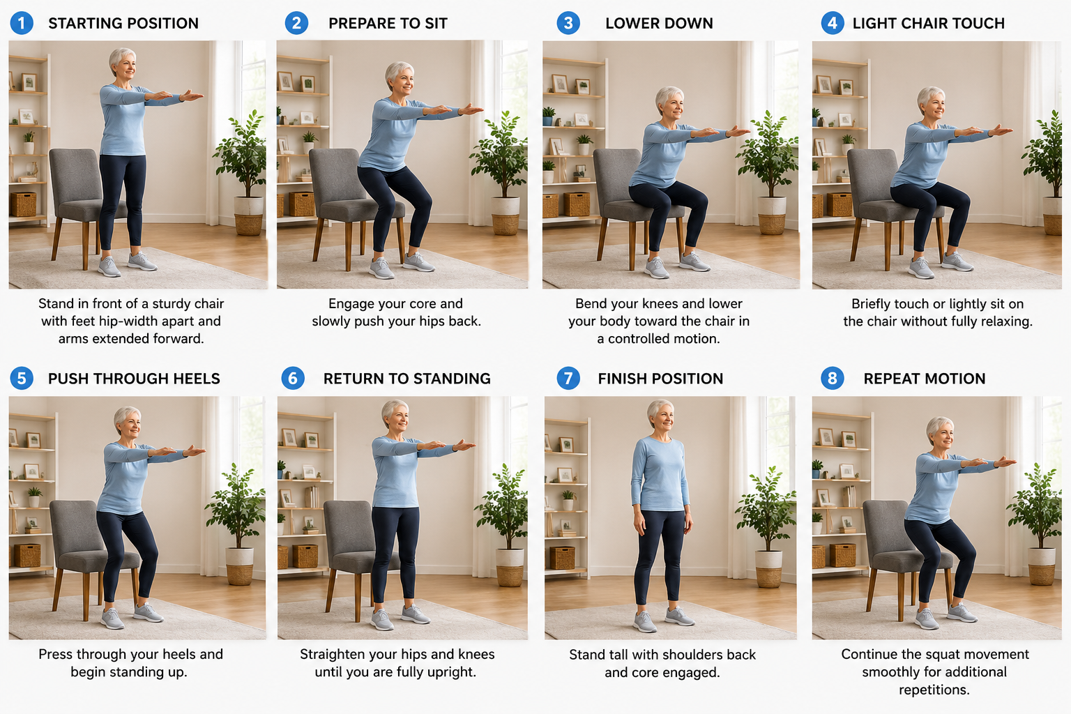 An old adult performing chair squat exercise