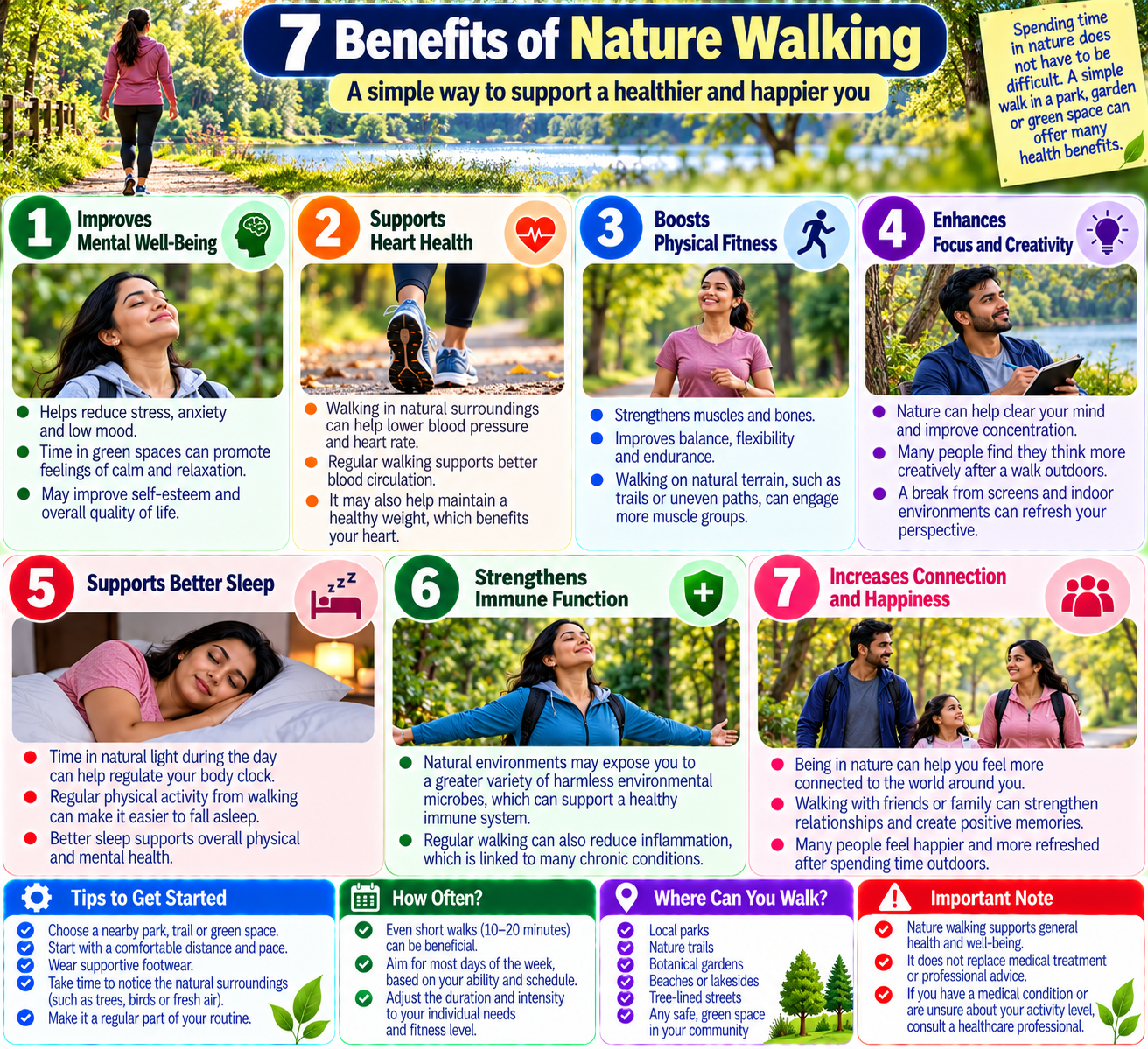 Infographic showing seven potential benefits of nature walks, including physical activity, stress management, mood, heart health, mobility, and healthy routines.
