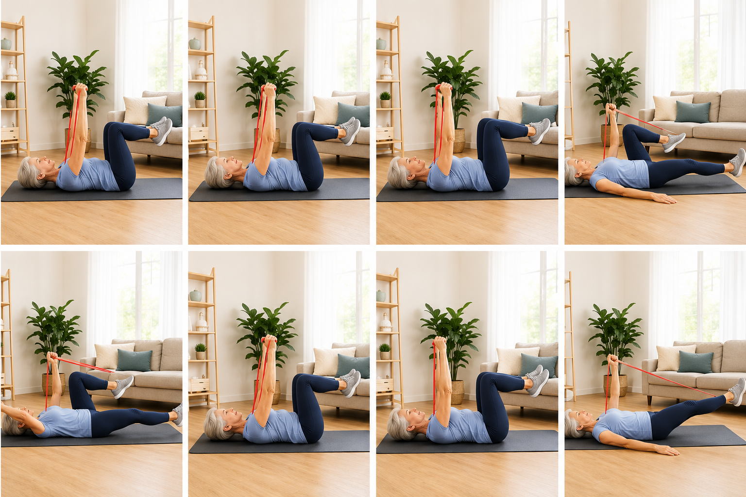 Older adult performing a Dead Bug with Resistance Bands exercise