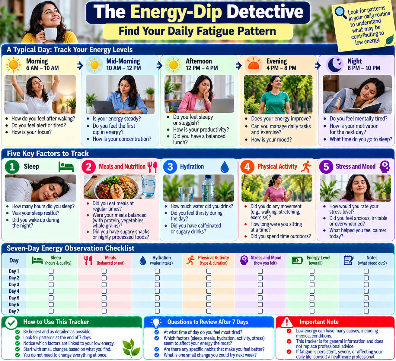 Infographic showing how sleep, meal timing, caffeine, stress, and movement may relate to daily energy dips.