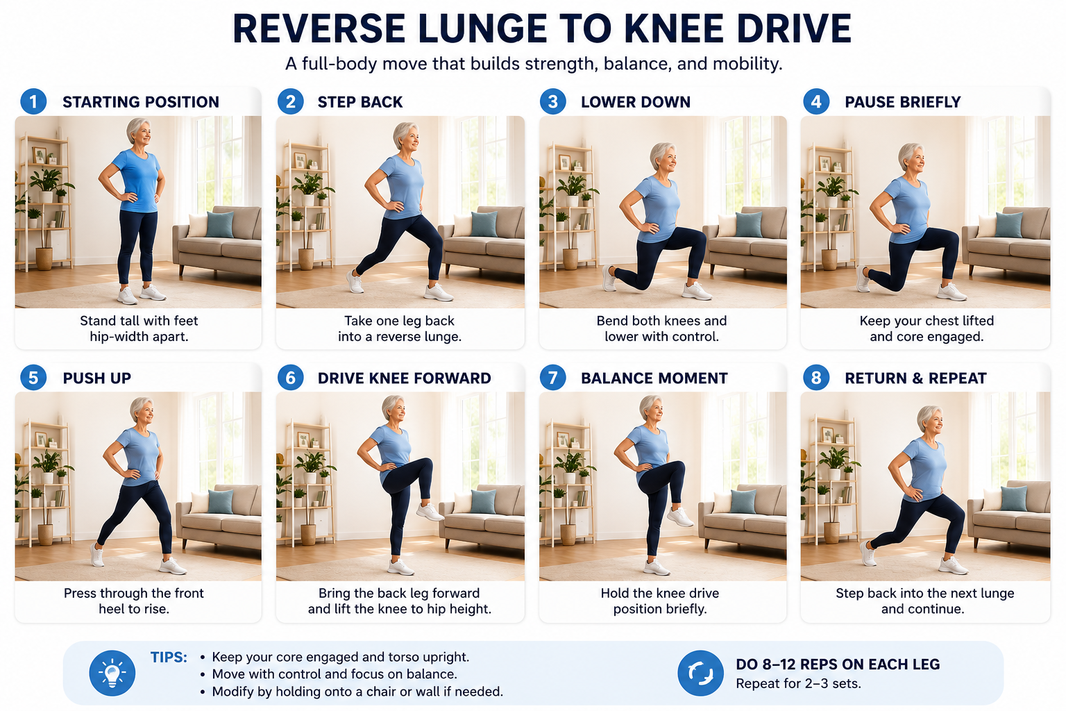 Ab Older woman performing a reverse lunge to knee drive exercise