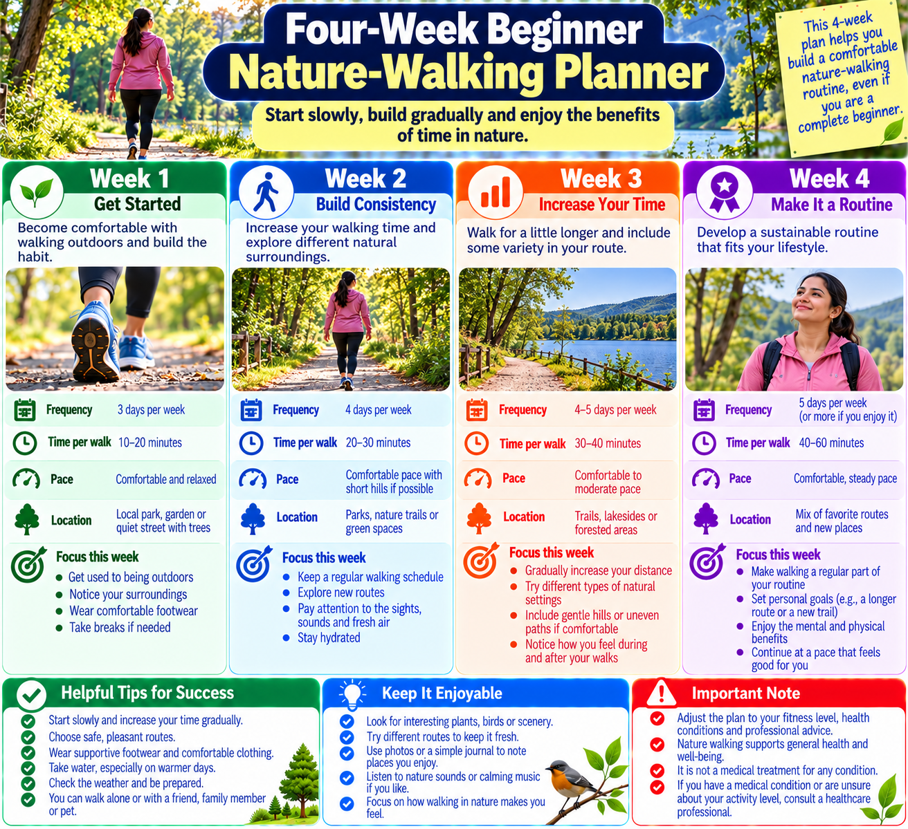 Four-week beginner nature-walking planner showing a gradual example progression from short walks to longer sessions, adjusted to individual ability