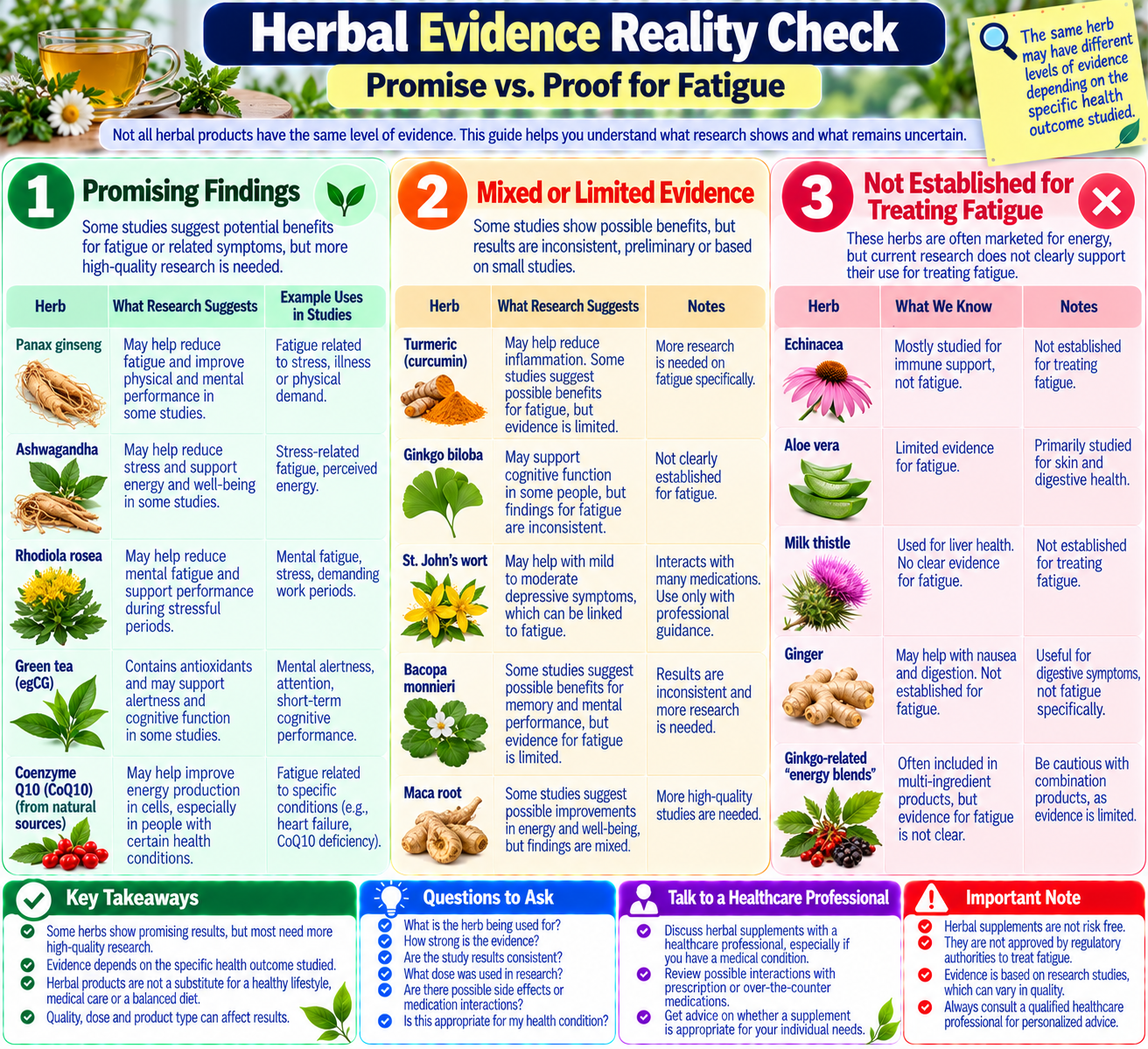 Infographic comparing research evidence and limitations for ashwagandha, rhodiola, Panax ginseng, tulsi, maca, ginger, and peppermint.
