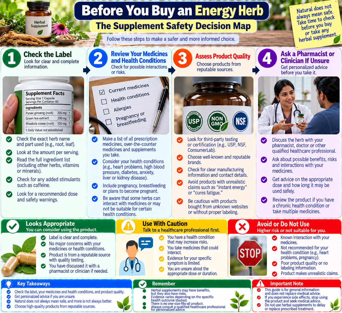 Decision map showing how to check herbal supplement ingredients, medicine interactions, health conditions, product quality, and when to consult a healthcare professional.