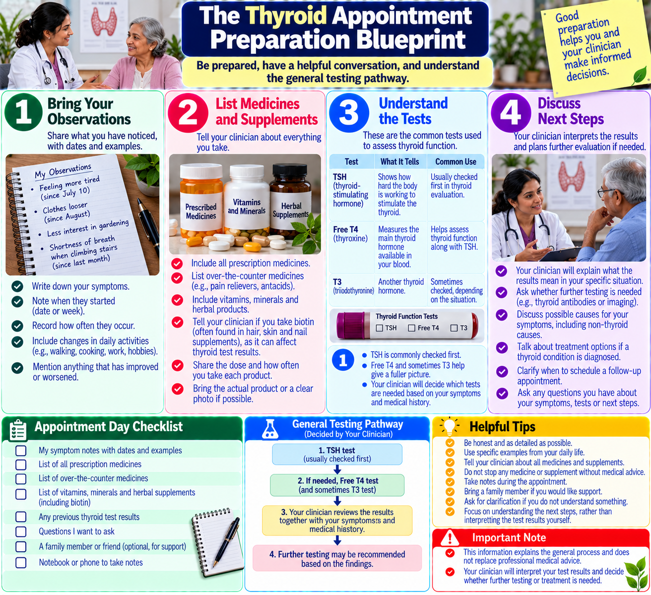 Infographic explaining how to prepare for a hyperthyroidism appointment, including symptom notes, medication lists and thyroid blood tests.