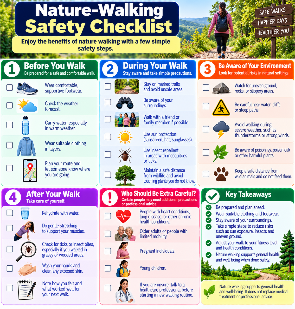 Beginner nature-walking safety checklist covering suitable footwear, hydration, sun protection, safe paths, weather conditions, and comfortable pacing.