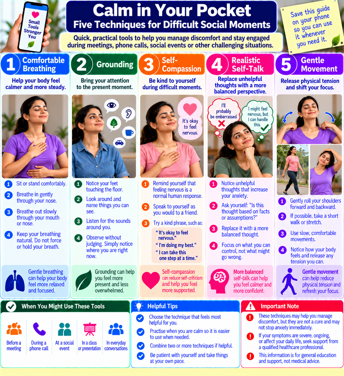 Five practical techniques for managing social anxiety, including comfortable breathing, grounding, self-compassion, realistic self-talk, and gentle movement.
