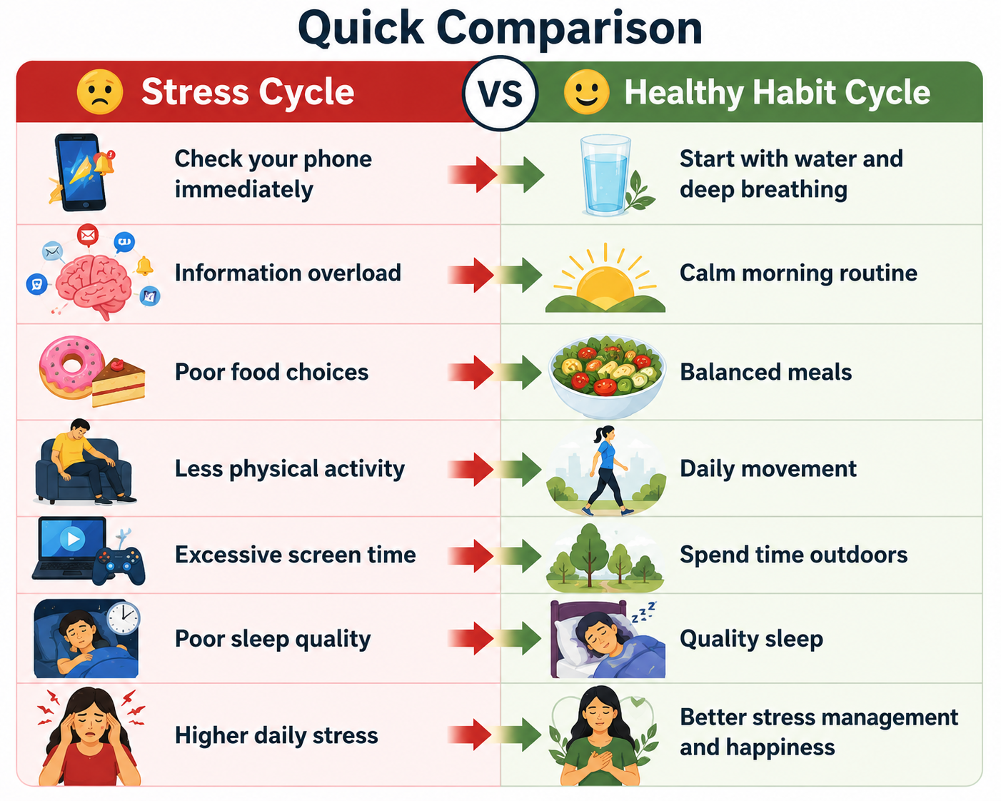 Quick comparison infographic showing stress cycle vs healthy habit cycle, including phone use, poor food choices, inactivity, screen time, sleep quality, and healthy habits such as hydration, balanced meals, daily movement, outdoor activities, and better stress management.