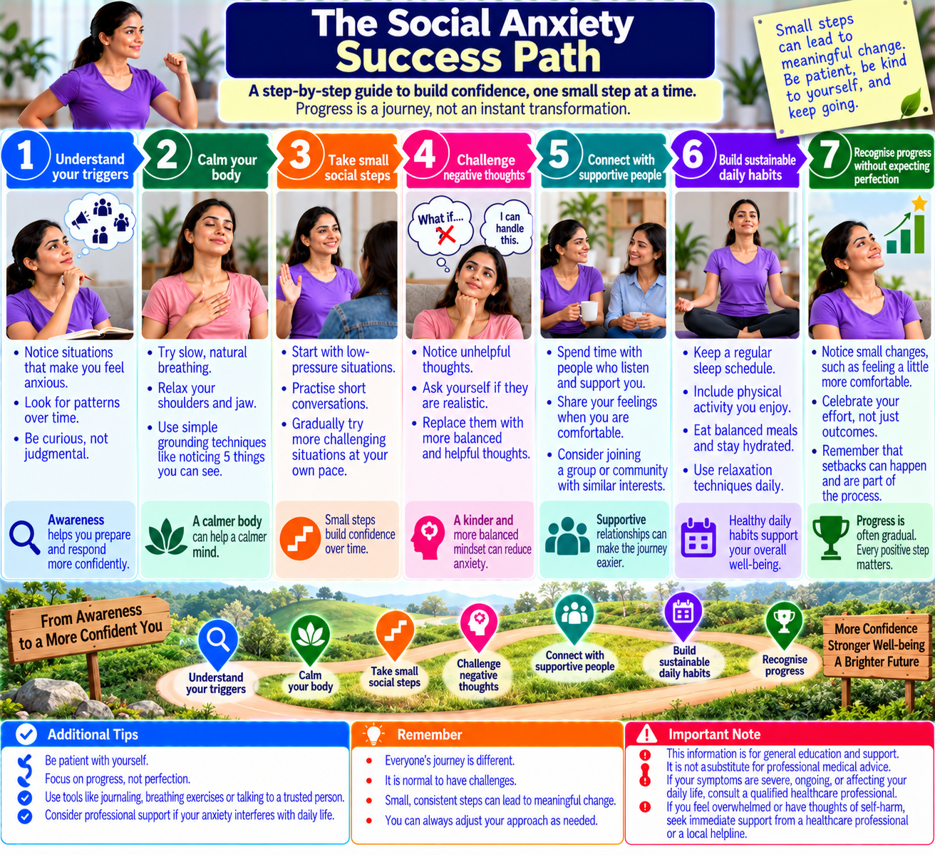 Infographic showing a step-by-step path to managing social anxiety, from understanding triggers and calming the body to practising social interactions and building confidence.