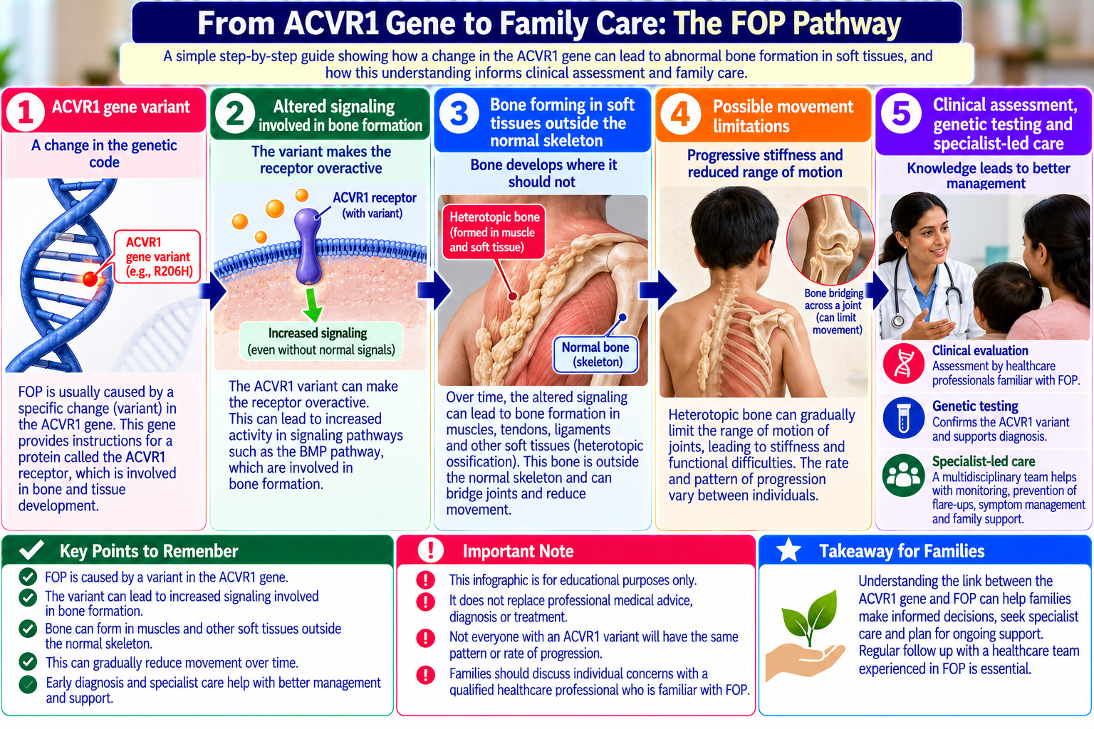 FOP pathway infographic explaining how an ACVR1 gene variant is associated with abnormal bone formation and why early specialist assessment matters.