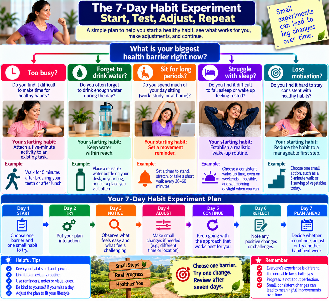 Decision map matching common health barriers with practical daily habits for movement, hydration, sleep, and consistency