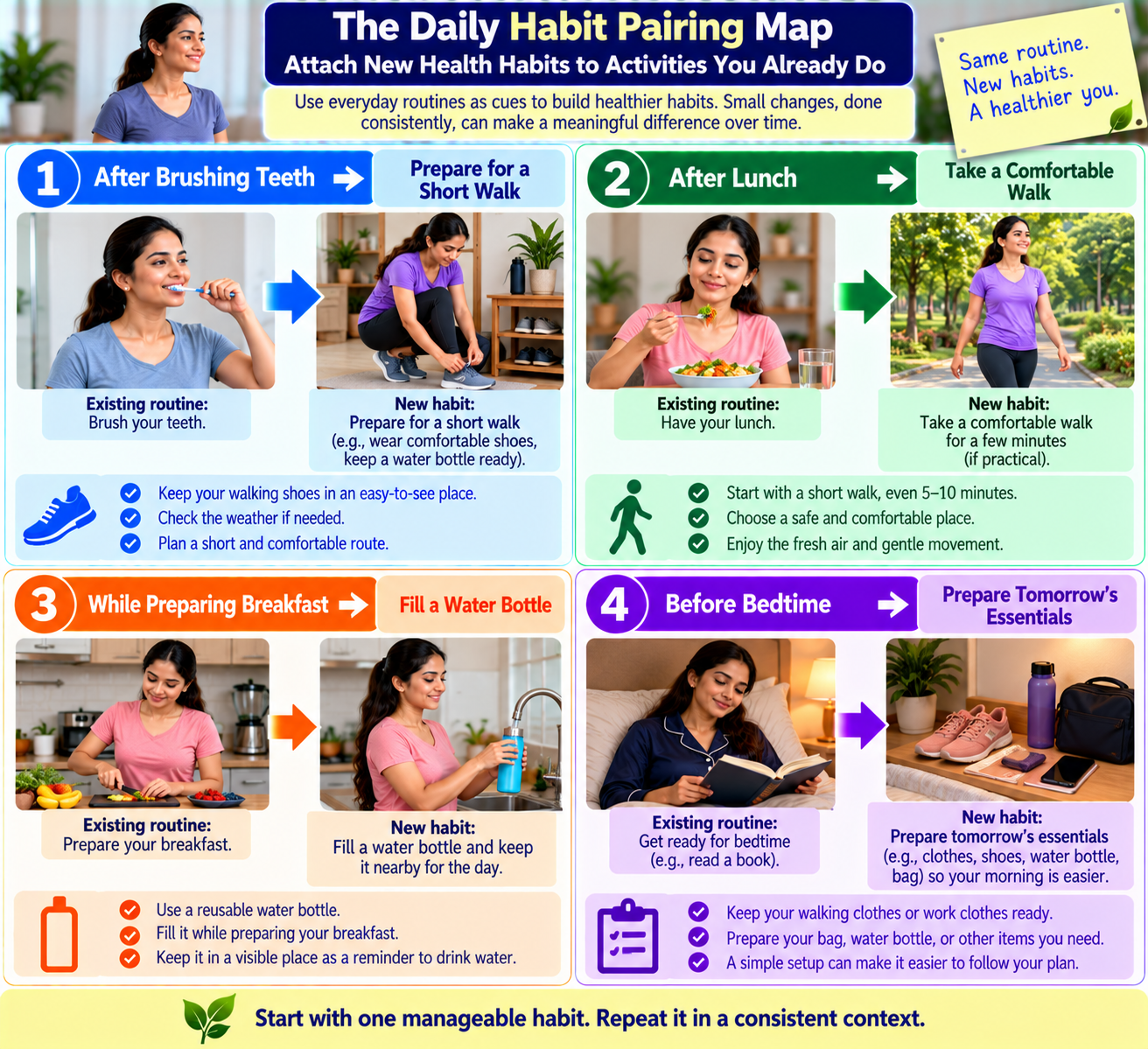 Daily health habit pairing map showing simple ways to connect walking, hydration, and bedtime preparation with existing routines