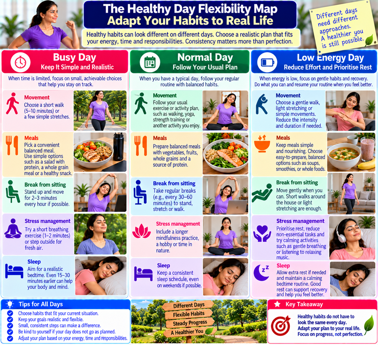 Flexible healthy day habit map showing simple ways to adapt movement, meals, hydration and sleep routines to different daily schedules.