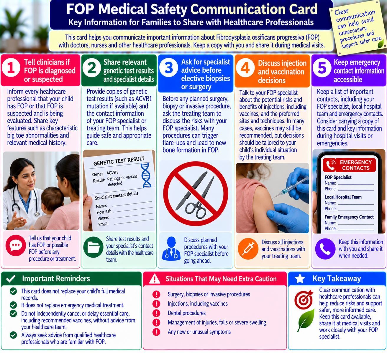 FOP medical safety communication card showing information families can share with