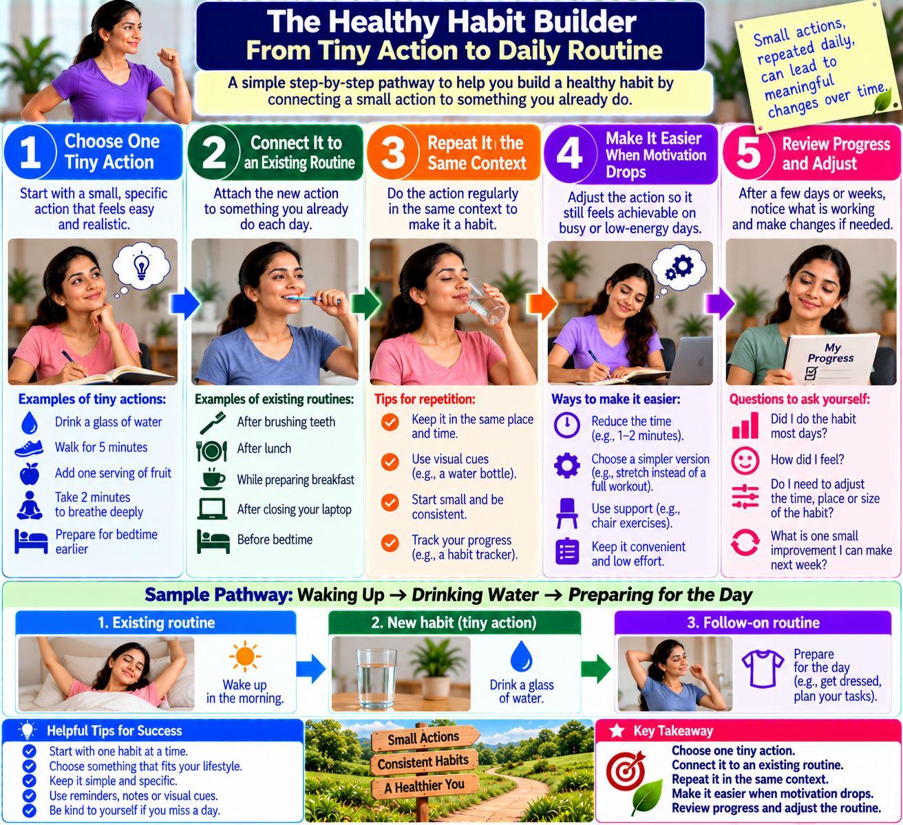 Healthy habit builder infographic showing how beginners connect small health actions to existing daily routines.