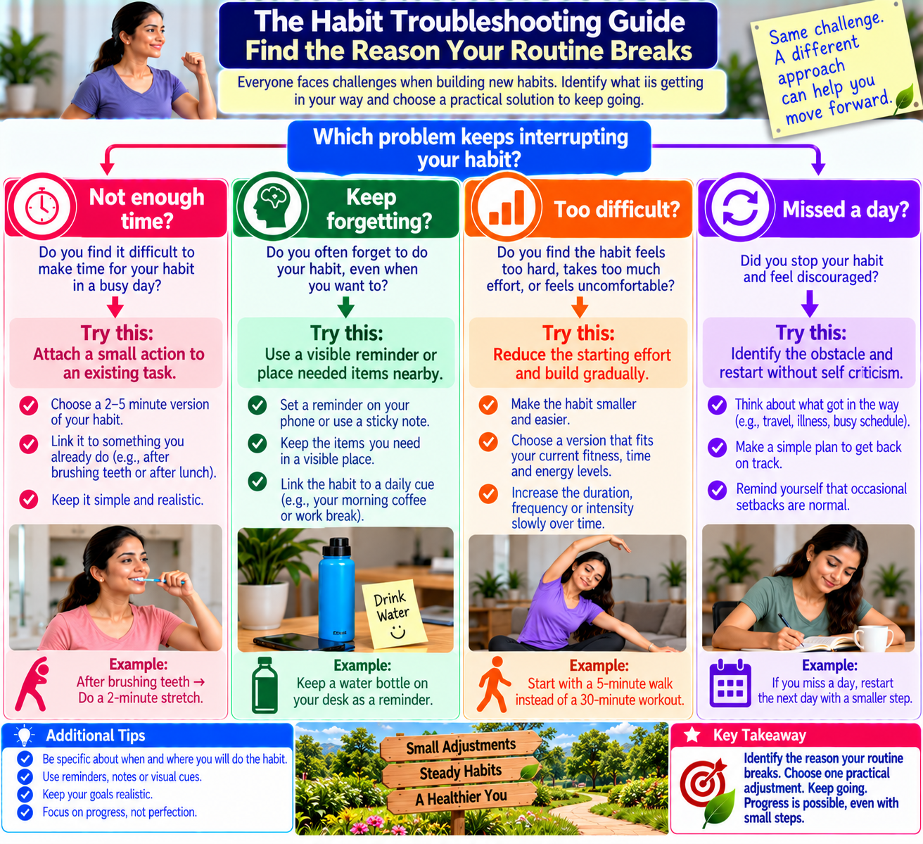 Healthy habit troubleshooting infographic matching common barriers such as lack of time, forgetfulness and low motivation with practical habit adjustments.