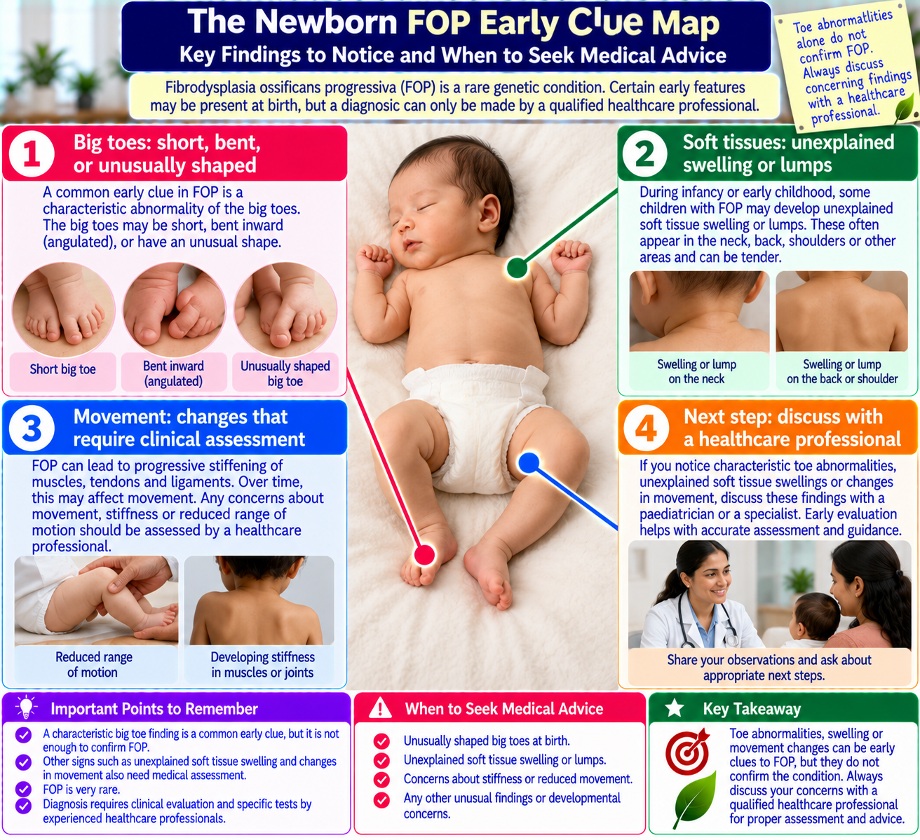 Newborn FOP early clue map showing characteristic big toe abnormalities and other signs that may warrant medical evaluation.