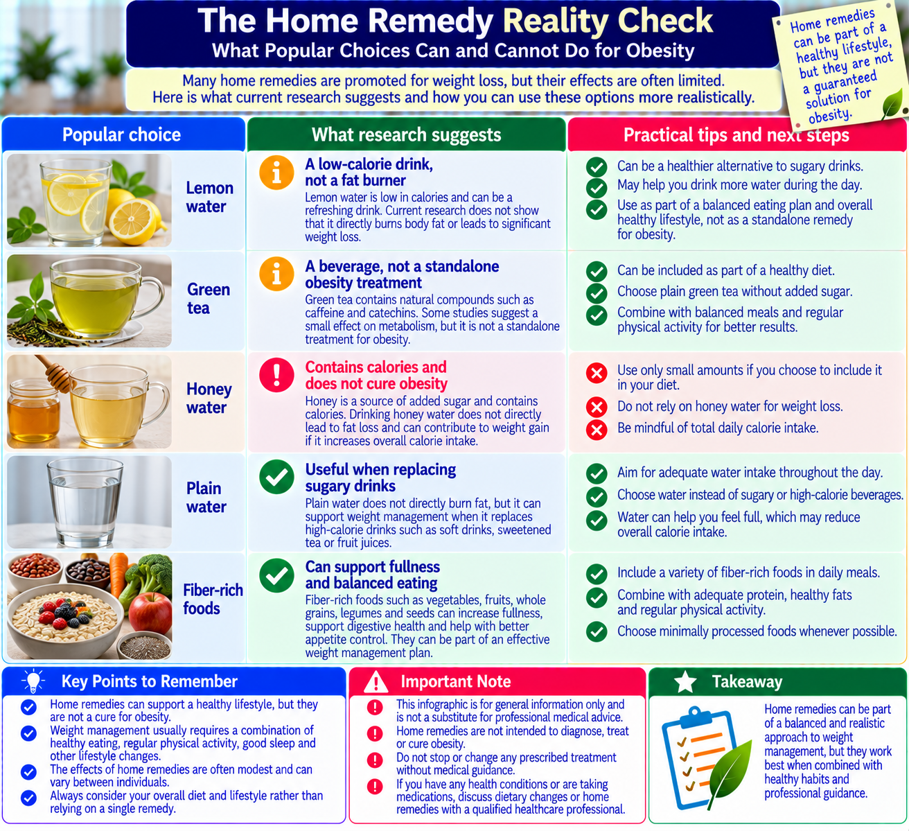 Obesity home remedy reality check comparing lemon water, green tea, honey water, plain water, and fiber rich foods with evidence based guidance.