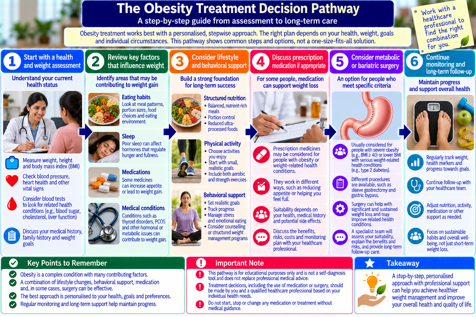 Obesity treatment decision pathway showing lifestyle support, medical assessment, prescription medication, and bariatric surgery as individualized options.