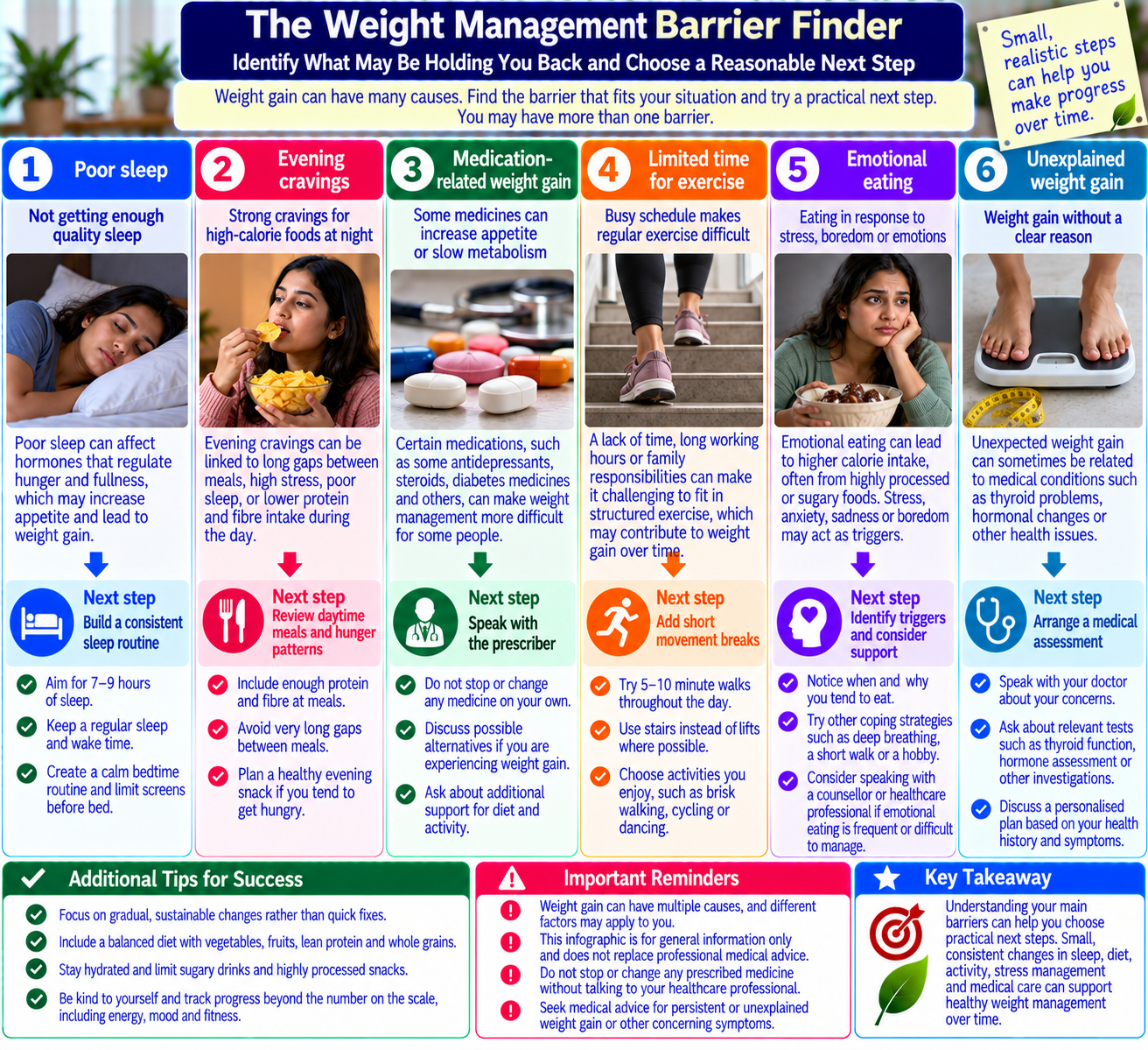 Weight management barrier finder infographic connecting sleep problems, stress, medications, eating patterns, and limited activity with practical next steps.