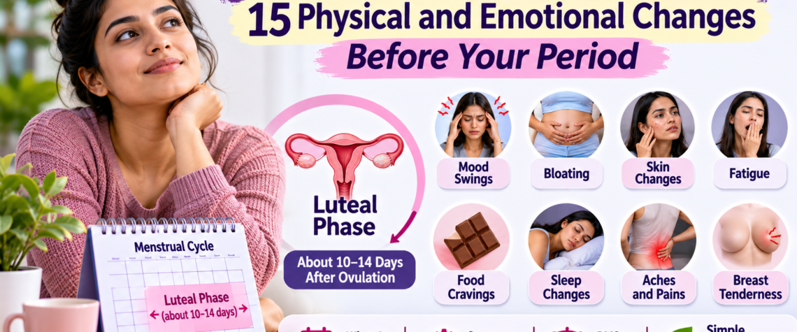 Luteal phase symptoms infographic showing 15 physical and emotional changes before your period, including mood swings, bloating, skin changes, fatigue, food cravings, sleep changes, aches, and breast tenderness.