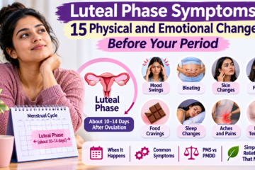 Luteal phase symptoms infographic showing 15 physical and emotional changes before your period, including mood swings, bloating, skin changes, fatigue, food cravings, sleep changes, aches, and breast tenderness.
