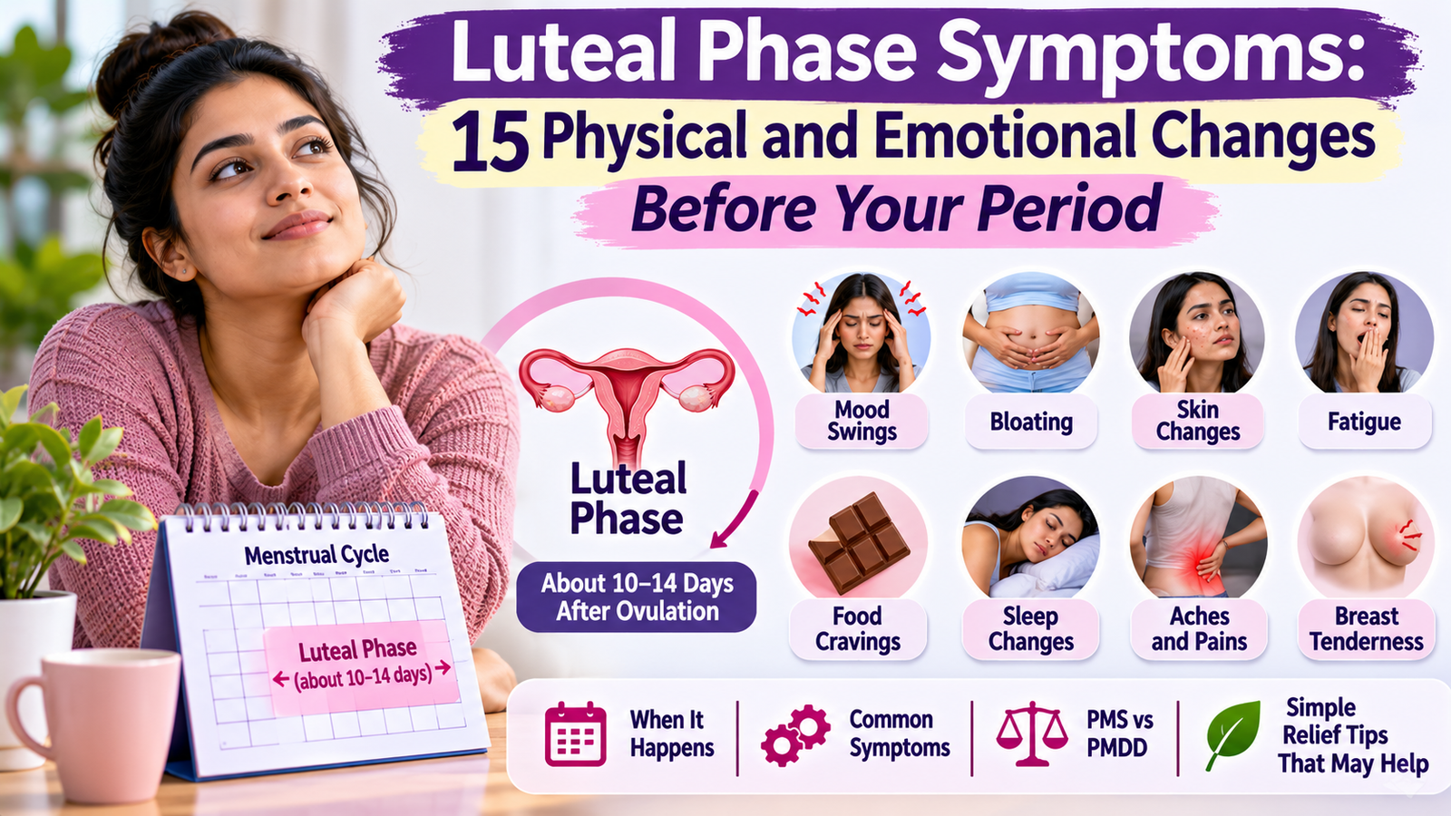 Luteal phase symptoms infographic showing 15 physical and emotional changes before your period, including mood swings, bloating, skin changes, fatigue, food cravings, sleep changes, aches, and breast tenderness.