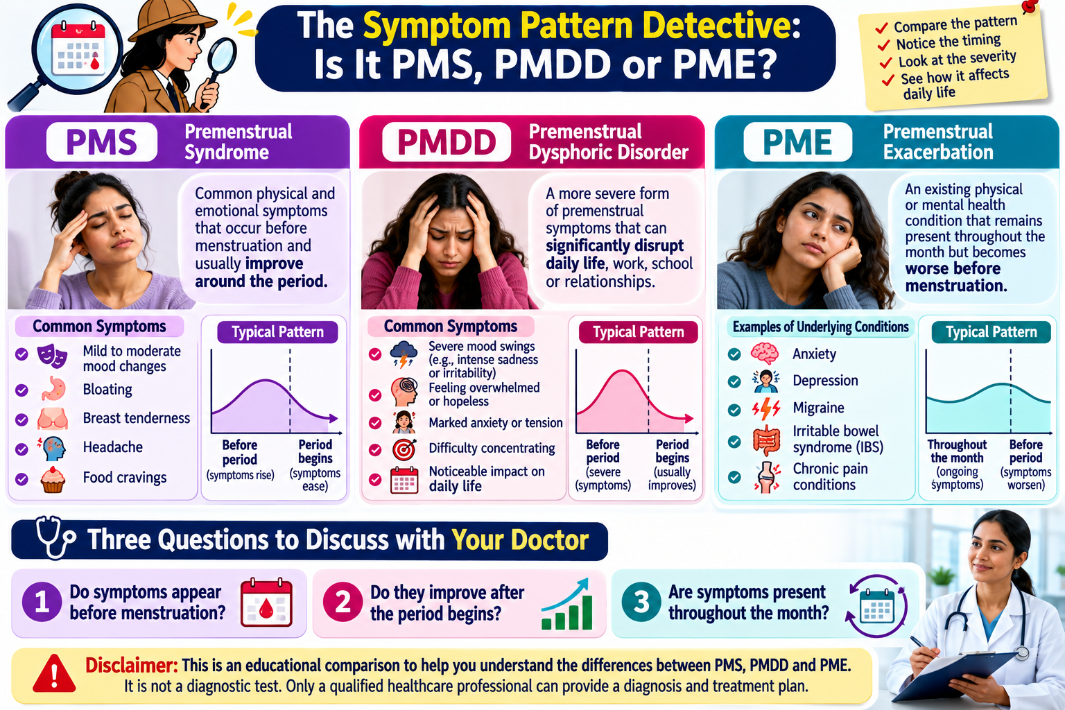 Infographic comparing PMS, PMDD and premenstrual exacerbation by symptom timing, severity and changes throughout the menstrual cycle.