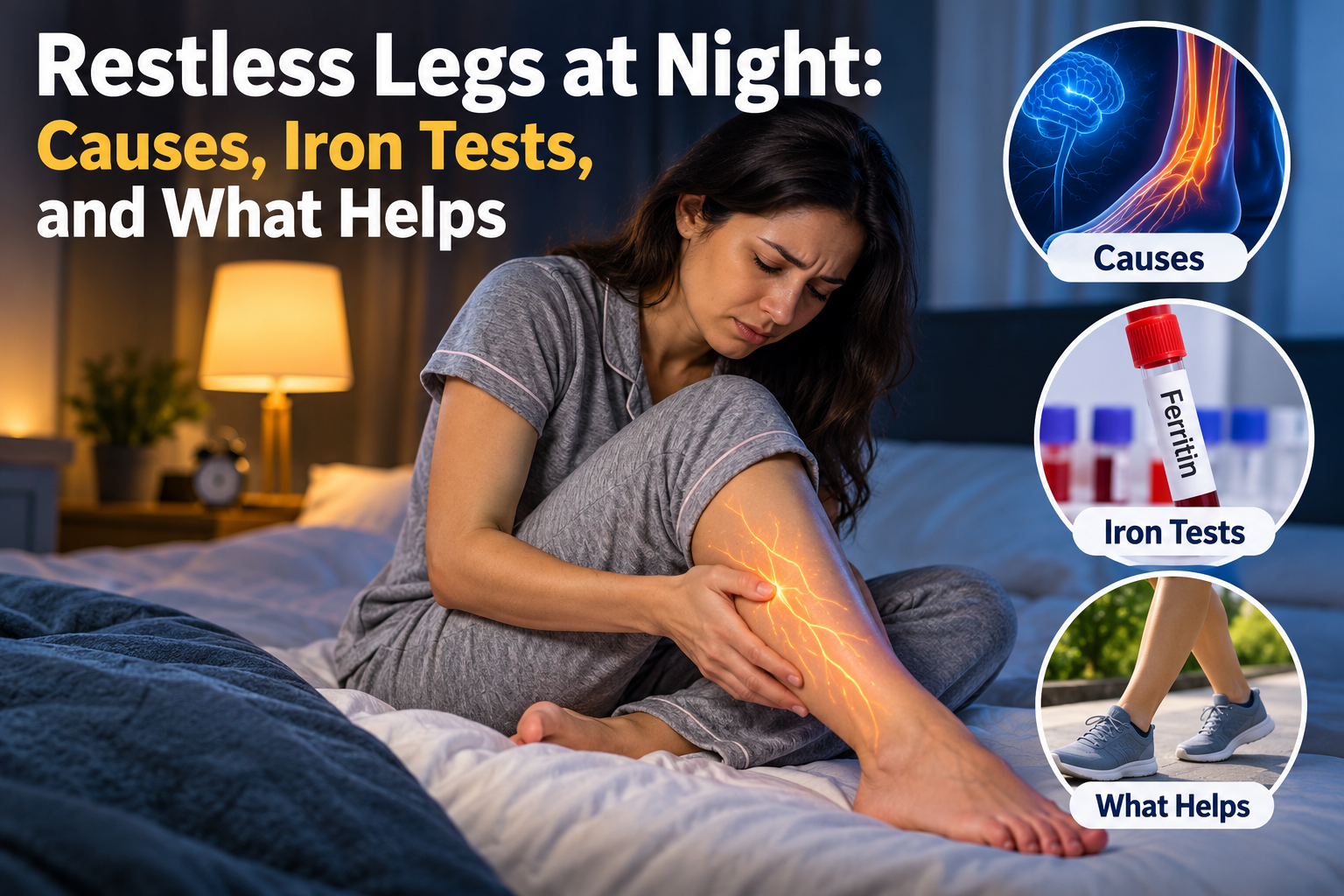 Restless legs at night showing leg discomfort, possible causes, ferritin iron testing, and walking for symptom relief.