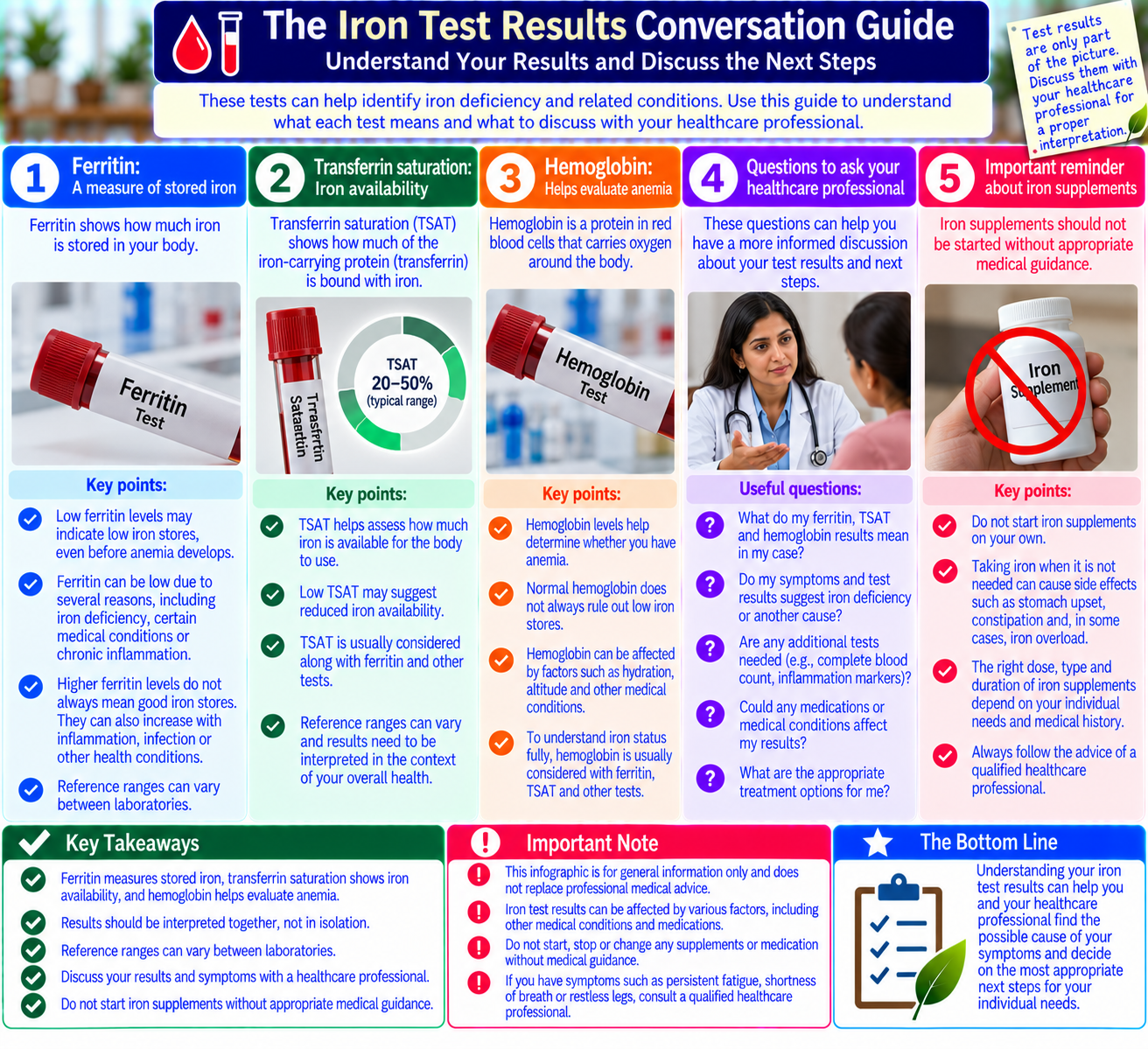 Restless legs iron test guide explaining ferritin, transferrin saturation, hemoglobin, and questions to discuss with a healthcare professional.