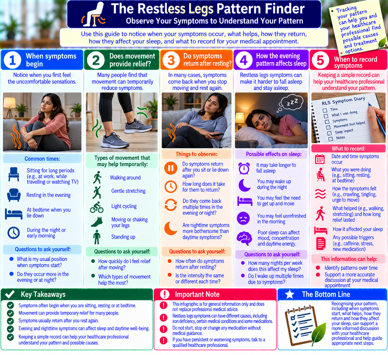 Restless legs pattern finder showing symptom onset during rest, temporary relief with movement, symptom recurrence, and nighttime sleep disruption.