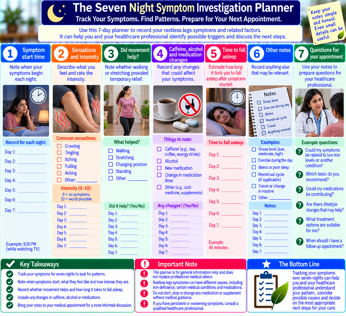Seven night restless legs symptom planner tracking evening symptoms, movement relief, possible triggers, sleep quality, and notes for a medical appointment.